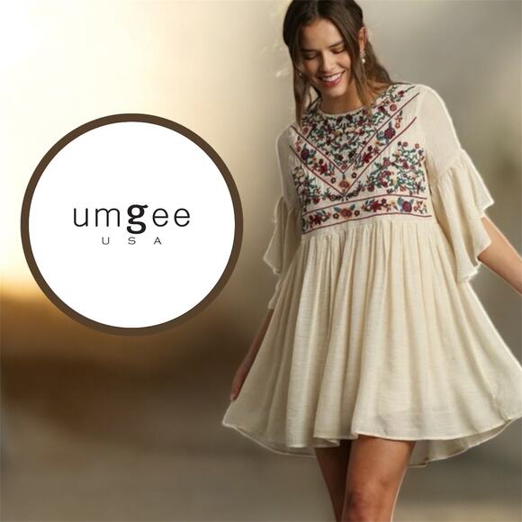 Umgee The Hanna Embroidered Ivory Boho Mini Festival Dress Cottagecore Sz L - Picture 1 of 13